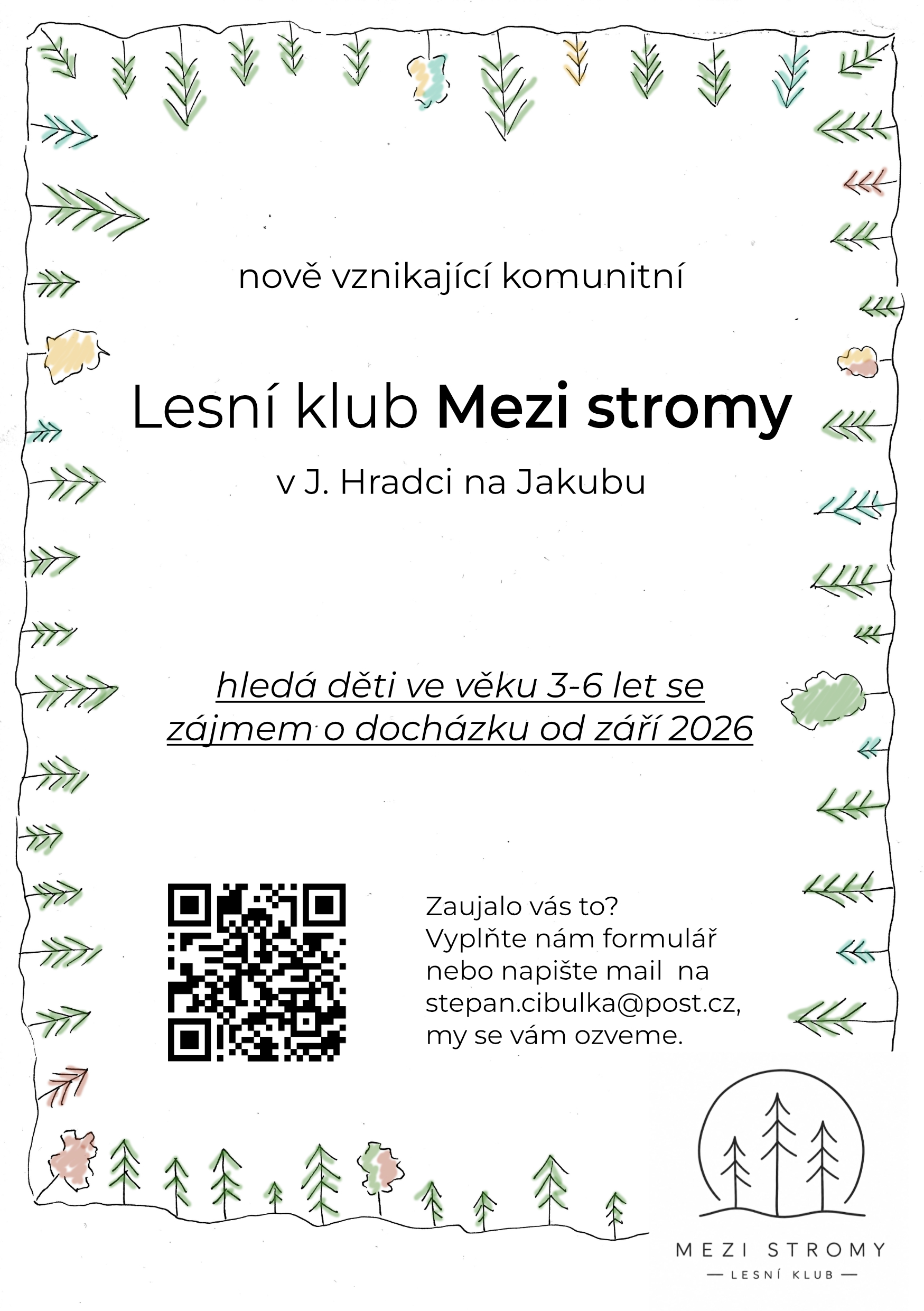 Plakát lesního klubu Mezi stromy s ilustracemi stromů a jehličí